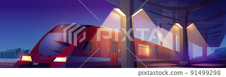 Modern railway station with train at night Modern railway station with train at night 91499298
