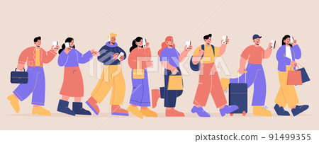 People walk and use mobile phone 91499355