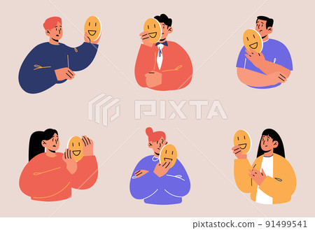 Sad people hold fake face masks with smiles 91499541