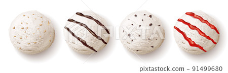 Ice cream ball with sauces or syrup, cookie chips Ice cream ball with sauces or syrup, cookie chips 91499680