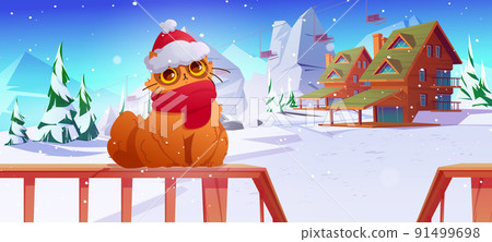 Funny cat in santa hat and scarf, snowy landscape Funny cat in santa hat and scarf, snowy landscape 91499698