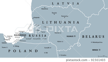 Lithuania and Kaliningrad, gray political map, with capitals and largest cities. Republic of Lithuania, an European and Baltic country, and Kaliningrad Oblast, a federal subject and exclave of Russia. 91501403