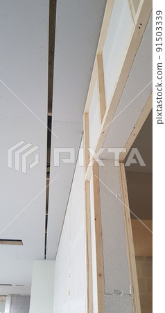 Construction site. Interior. Design. Ceiling. Carpenter. Wood Construction site. Interior. Design. Ceiling. Carpenter. Wood 91503339