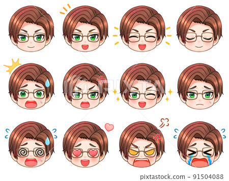 Glasses office worker male chibi character face icon material _ brown hair 91504088