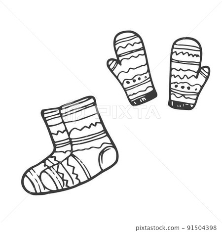 A set of winter clothes, a scarf, a hat, mittens. Vector illustration with items of clothing for cold weather A set of winter clothes, a scarf, a hat, mittens. Vector illustration with items of clothing for cold weather 91504398