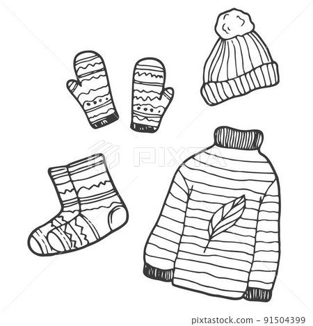 Vector hand-drawn set of knitted clothes. Hygge doodles - socks, mittens, woolen sweater, winter hat, knitting, warm scarf Vector hand-drawn set of knitted clothes. Hygge doodles - socks, mittens, woolen sweater, winter hat, knitting, warm scarf 91504399