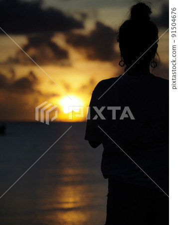 Silhouette of a woman watching the sunset 91504676