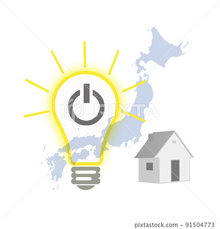 A map of Japan on a white background, a power switch on a light bulb, and a detached house 91504773