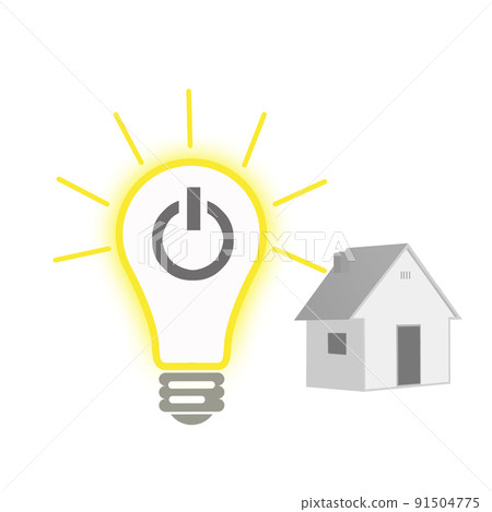 White background with light bulbs, power switch and single-family house 91504775