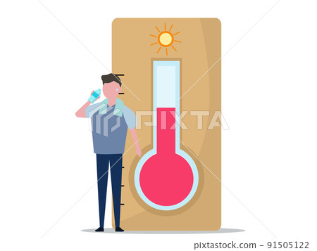 男人用溫度計喝水 中暑對策 極端炎熱的夏天 人物插圖 91505122