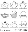 Set of flat design vector images of teapot drawn in art line style. 91505584