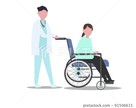 Pushing a wheelchair Doctor in a lab coat Patient Treatment Hospital Illustration Pushing a wheelchair Doctor in a lab coat Patient Treatment Hospital Illustration 91506615