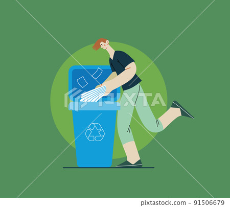 Ecology - Waste sorting -Modern flat vector concept illustration of a young man putting a paper journals into the garbage container for paper waste. Creative landing web page template 91506679