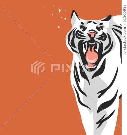 Hand drawn vector abstract graphic cartoon illustration with beauty cute celestial trendy wildlife white,cute moon tiger,moon and stars isolated on color background.Magic Boho clipart elements. 91506955
