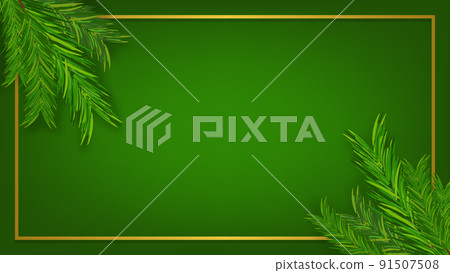 blank green gradient color lighting background with gold frame and green pine branches for festive holiday backdrop and website banner or graphic design decoration 91507508