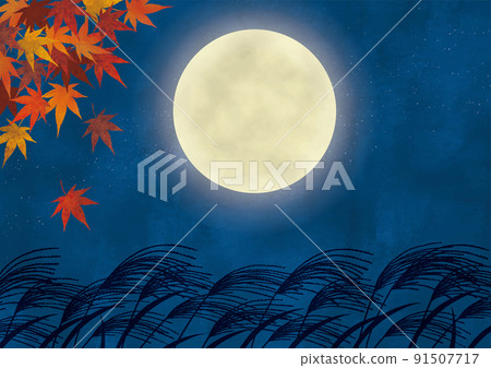 Mid-autumn harvest moon pampas grass and autumn leaves watercolor painting 2 91507717