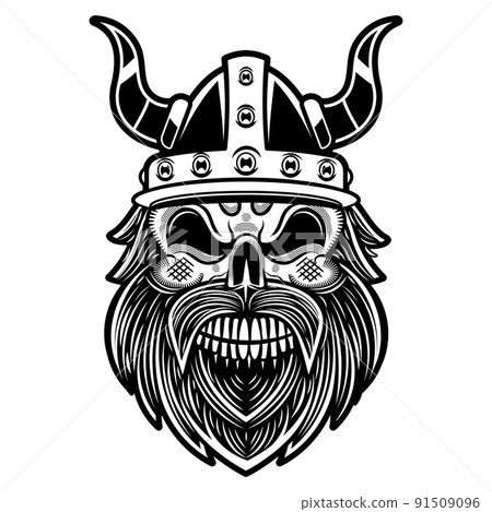 Viking tattoo, bearded barbarian of Scandinavia. Symbol of force, courage. Vector illustration of God Odin Viking with Helmet, Armor on the White background. Viking tattoo, bearded barbarian of Scandinavia. Symbol of force, courage. Vector illustration of God Odin Viking with Helmet, Armor on the White background. 91509096