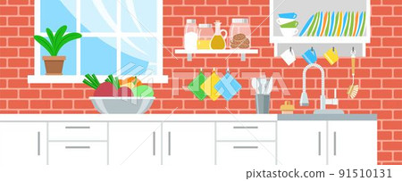 Eco friendly green kitchen interior background. Flat vector illustration. Zero waste reusable utensils, vegetables in metal bowl, cloth napkins, glass jars, houseplant on windowsill, flexible sink tap Eco friendly green kitchen interior background. Flat vector illustration. Zero waste reusable utensils, vegetables in metal bowl, cloth napkins, glass jars, houseplant on windowsill, flexible sink tap 91510131