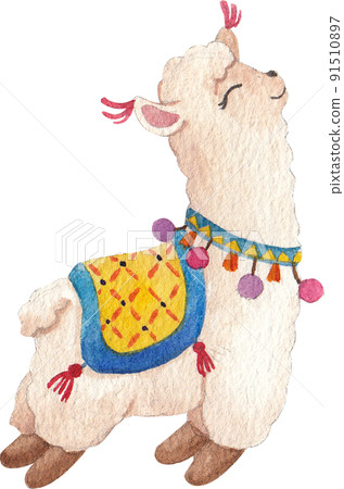 Watercolor hand draw illustration with cute alpaca lama and decor icon 91510897