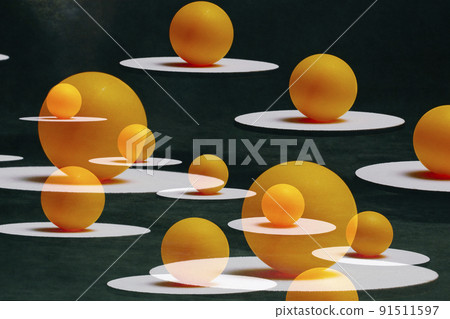 Abstract still life with orange balls on white sands suspended in the air Abstract still life with orange balls on white sands suspended in the air 91511597
