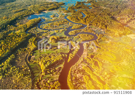 Aerial View Green Forest Woods And River Landscape In Sunny Spring Summer Day. Top View Of Nature, Bird's Eye View. Trees Standing In Water During Spring Flood floodwaters. woods in Water deluge Aerial View Green Forest Woods And River Landscape In Sunny Spring Summer Day. Top View Of Nature, Bird's Eye View. Trees Standing In Water During Spring Flood floodwaters. woods in Water deluge 91511908