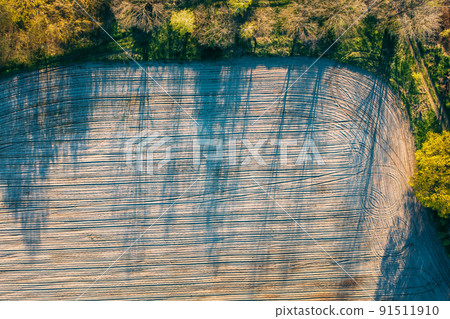 Beautiful spring field and Trees on border landscape. Sunny sunshine Day. Long Woods Shadows . Aerial View Amazing country Landscape Scenic View Of Park Woods. Nature Elevated Flat View 91511910