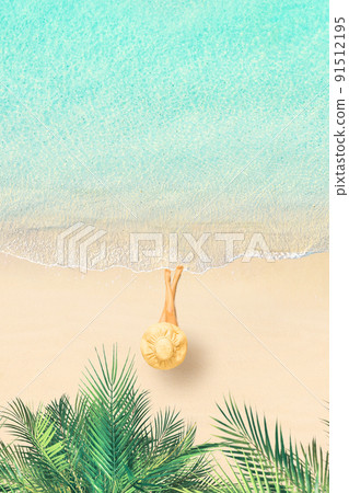Top view of woman in bikini and straw hat lying and sunbathes on tropical Seychelles sea sand beach with palm tree grove. Aerial, drone view. Vertical Top view of woman in bikini and straw hat lying and sunbathes on tropical Seychelles sea sand beach with palm tree grove. Aerial, drone view. Vertical 91512195