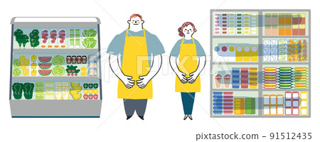 帶圍裙和大型冰箱的工作人員為節電的合作設置插圖素材 91512435