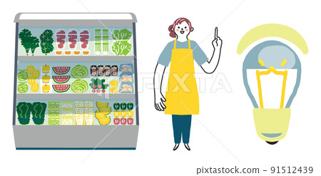 穿著黃色圍裙和大冰箱的女員工通知您節電插圖素材 91512439