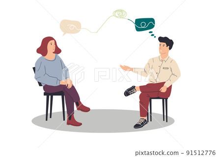 Psychological consultation. Counseling or mental support from addiction. Doctor consulting patient. Persons sitting on chairs. Speech bubbles with tangled mind. Vector psychologist session 91512776