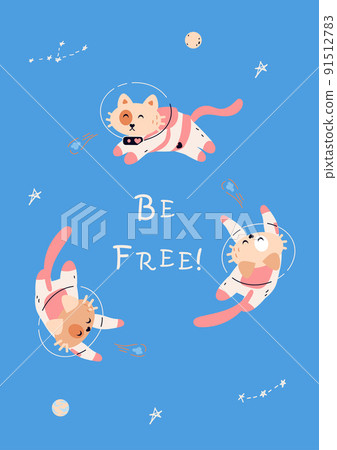 Space cats. Cute kitties in spacesuits. Funny childish astronauts fly in circle. Kittens with stars and planets. Free animals. Pets adventure. Interstellar flight. Vector feline journey 91512783