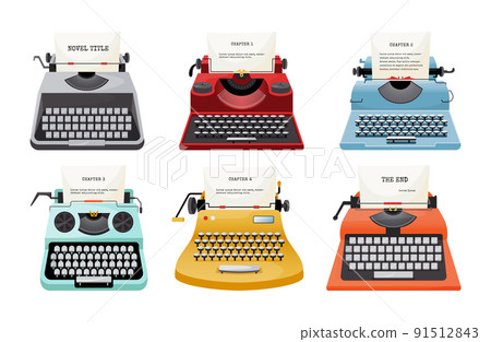 Retro typewriter. Vintage brand for copywriter, screenplay, news writer and storytelling. Poet, screenwriter and novelist equipment. Icon isolated elements. Vector cartoon flat illustration Retro typewriter. Vintage brand for copywriter, screenplay, news writer and storytelling. Poet, screenwriter and novelist equipment. Icon isolated elements. Vector cartoon flat illustration 91512843