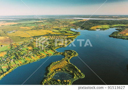 Old Lyepyel, Lepel Lake, Beloozerny District, Vitebsk Region. Aerial View Of Residential Area With Houses In Countryside. Morning Fog Above Lepel Lake. Top View Of European Nature From High Attitude 91513627
