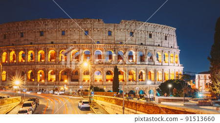 Rome, Italy. Colosseum Also Known As Flavian Amphitheatre In Evening Or Night Time. Rome, Italy. Colosseum Also Known As Flavian Amphitheatre In Evening Or Night Time. 91513660