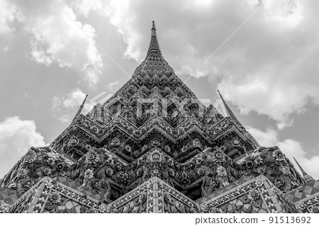 Black and white picture of a temple in Bangkok Thailand. 91513692