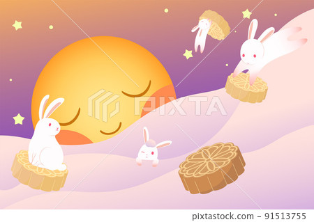中秋節插畫，兔子大天庫玩浮月餅 91513755