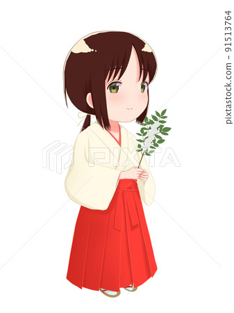Illustration icon of a shrine maiden holding a tamagushi 91513764