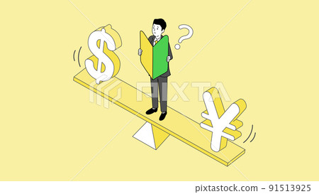 插圖，一個有初學者標記的年輕人的矢量圖，擔心日元和美元之間的平衡 91513925