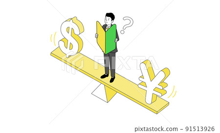 插圖，一個有初學者標記的年輕人的矢量圖，擔心日元和美元之間的平衡 91513926