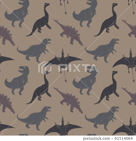 Dino Seamless Pattern, Cute Cartoon Dinosaurs Doodles Vector Illustration 91514064