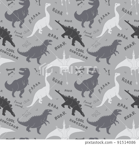 Dino Seamless Pattern, Cute Cartoon Dinosaurs Doodles Vector Illustration 91514086