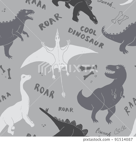 Dino Seamless Pattern, Cute Cartoon Dinosaurs Doodles Vector Illustration Dino Seamless Pattern, Cute Cartoon Dinosaurs Doodles Vector Illustration 91514087