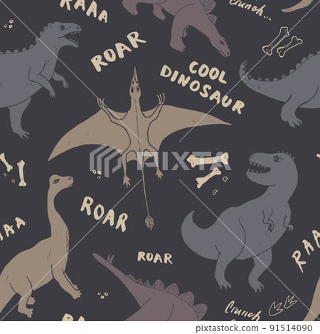 Dino Seamless Pattern, Cute Cartoon Dinosaurs Doodles Vector Illustration 91514090