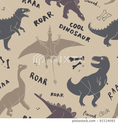 Dino Seamless Pattern, Cute Cartoon Dinosaurs Doodles Vector Illustration Dino Seamless Pattern, Cute Cartoon Dinosaurs Doodles Vector Illustration 91514093