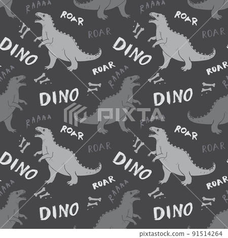 Dino Seamless Pattern, Cute Cartoon Dinosaurs Doodles Vector Illustration 91514264