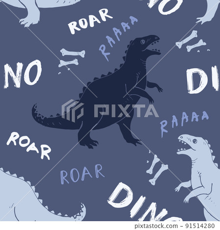 Dino Seamless Pattern, Cute Cartoon Dinosaurs Doodles Vector Illustration 91514280