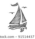 Yachts on sea waves. Seagull in the sky. Vector illustration sketch Isolated on white background 91514437