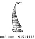 Sailing yacht floats on waves. Small ship for recreation and travel. Sketch hand drawing isolated on white background vector 91514438