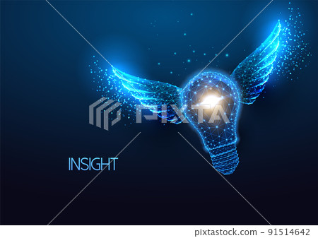 Concept of insight, aha moment with flying lightbulb in futuristic glowing low poly style on blue  91514642