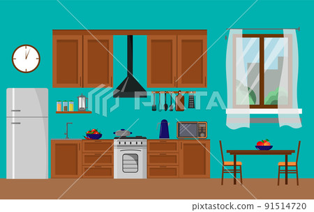 Kitchen furniture, table and chairs, stove and refrigerator. Interior with window.  91514720